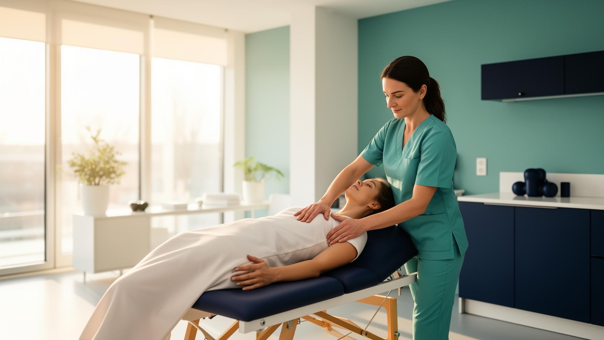 Physiotherapeutin behandelt Patientin in moderner Praxis